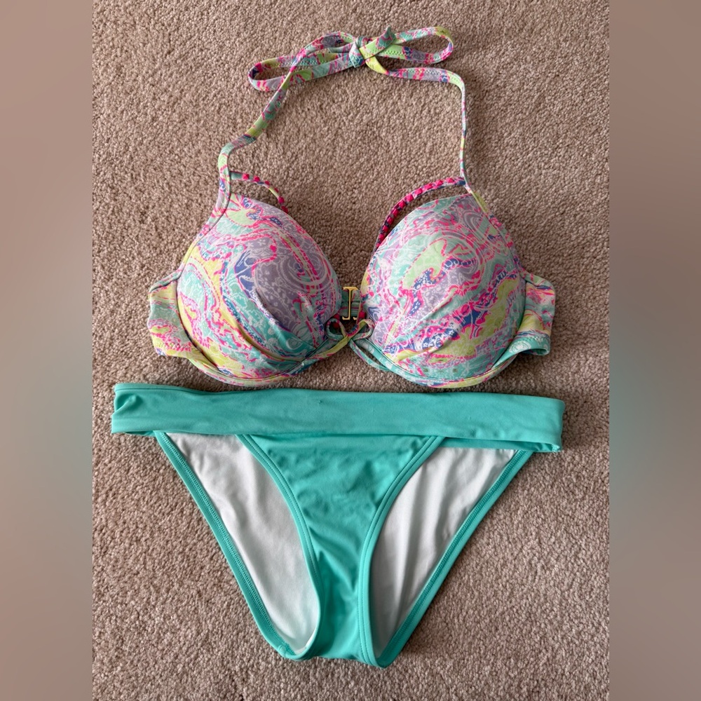 Victoria’s Secret Neon Pink Green  Multicolor Bikini Set Top Size 36D Bottoms S